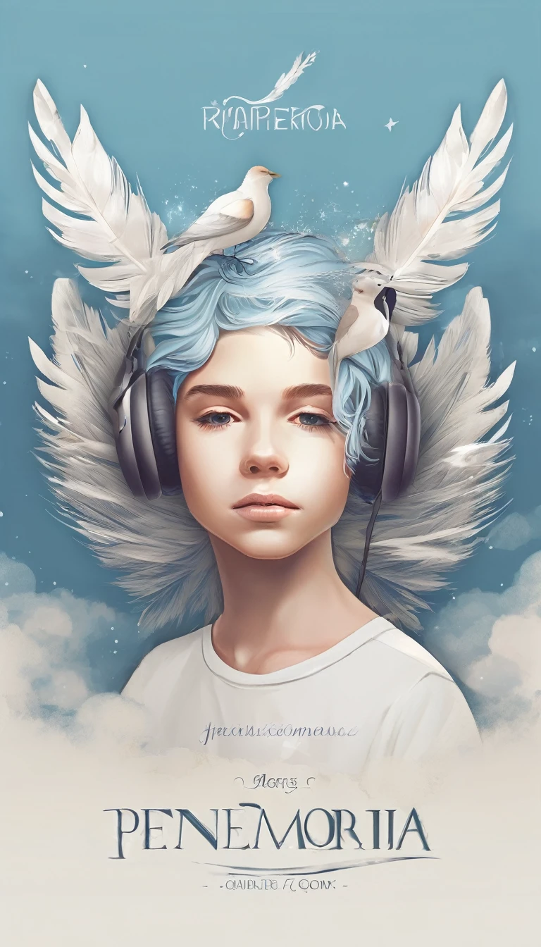 Create a professional, fantastic, cinematic dream-like logo design for a brand about music, stories, fantasy, memories and dreams called " Penamemoria". Masterpiece, 4k, sharp focus, highest quality,wide shot. The title is " Penamemoria". The brand is about the creative, unique, fantastic, dreamy, musical world of a boy and a feather. Minimalistic, simple, poetic, dreamy logo design at the center of the image. The Background image is soft blue sky with white clouds and full of feathers, unique birds. Logo design of a unique, creative, masterpiece logo of the face of a creative boy and a feather that represents memories and stories. Make the logo white- light blue and golden
