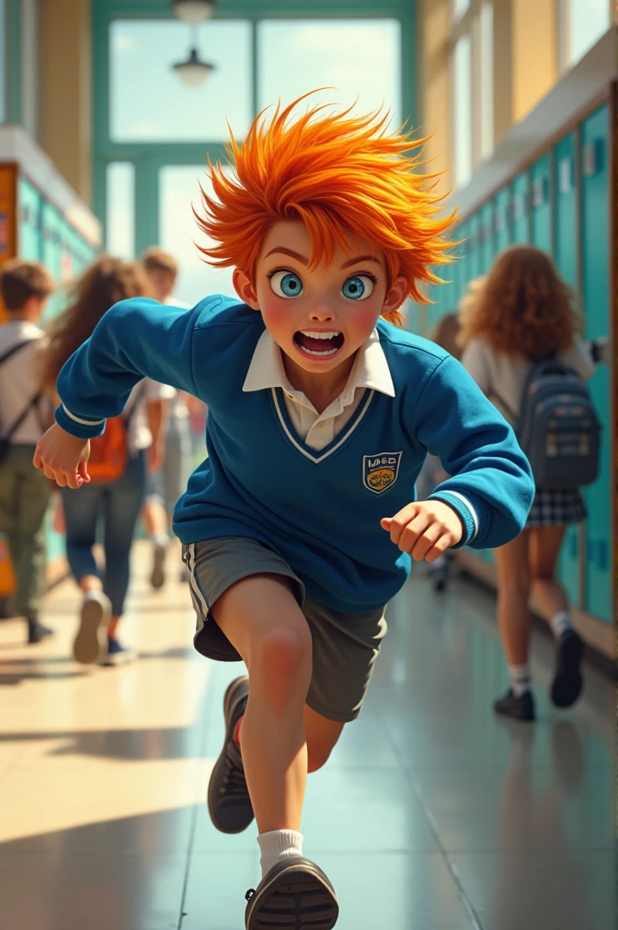 A young man with orange hair and a school uniform is running with a panicked look on his face.