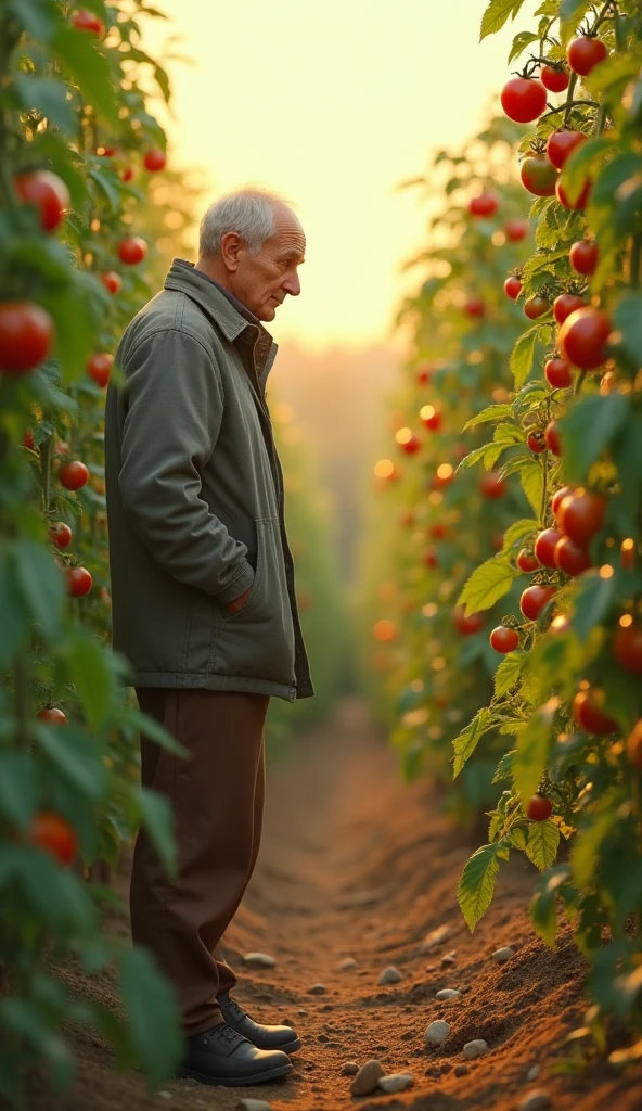 A morning in the tomato garden , with soft light .A 60 year old man, wearing a gray coat,brown pants ,standing looking at tomato plant Discovered unusually long tomato jute wrapped around the garden Unexpected mood Right side view focusing on the old man and the tomato plant with a background of many giant tomato plants 3d animation