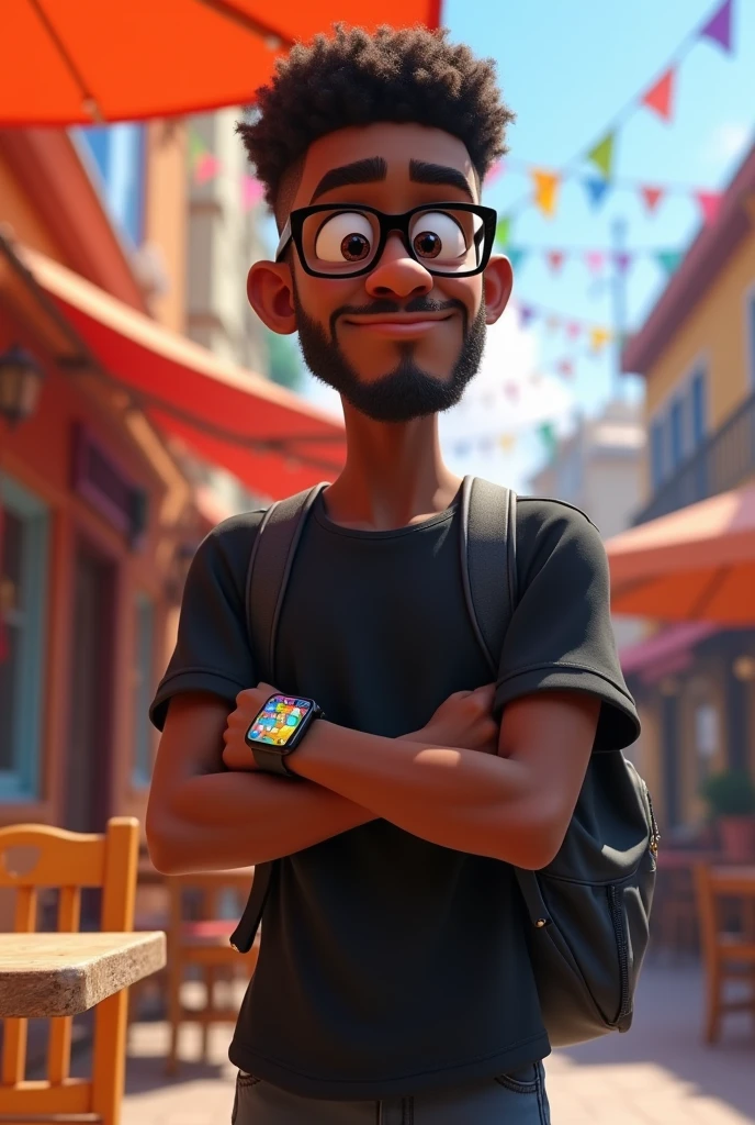 A young black man with short curly hair, square glasses, no beard, with his arm crossed, with a Disney Pixar style smartwatch, 3D 4K, with a serious face, a black shirt, a backpack, eating a pizza