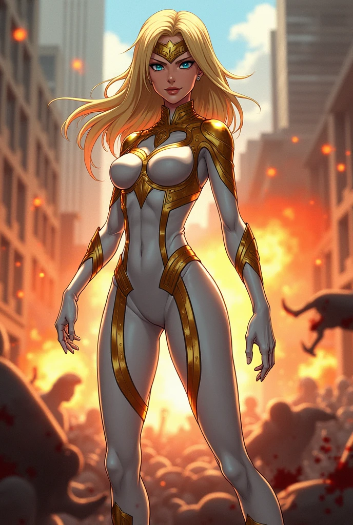 Anime style. Gorgeous blonde haired female. Evil mastermind wearing a full face golden mask and a tight white bodysuit with ornate golden trim designs. Fighting and killing a costumed hero, explosions, blood everywhere, bodies lying in the streets.