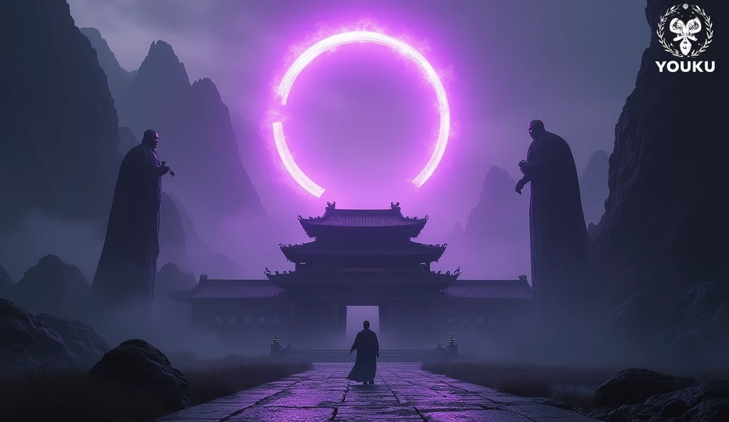 The image depicts a dark and ominous fantasy scene with an ancient, mystical setting. At the center of the image is a large, traditional Chinese-style palace or temple, surrounded by an eerie, otherworldly landscape. The architecture is detailed, with multiple roofs and intricate designs, lit by a dim, purplish glow.

Flanking the temple on both sides are two colossal statues or figures that appear to be ancient deities or guardians. These towering figures are shrouded in shadow and have a ghostly, ethereal quality, giving them an intimidating presence. Their forms are partially merged with the surrounding environment, almost as if they are emerging from the dark, jagged mountains.

Above the temple, dominating the sky, is a massive, glowing purple ring or portal. The portal pulses with energy, creating a surreal and foreboding atmosphere. The overall color scheme of the image is dark, with deep purples, blacks, and muted grays, which enhance the mysterious and supernatural vibe of the scene. The composition suggests a place of great power, possibly linked to ancient magic or a gateway to another world. The logo "YOUKU" in the top right corner indicates that this may be a still from a fantasy series or movie.