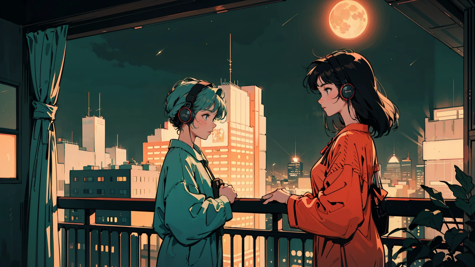 Anime style illustration of young woman who is looking at viewers on balcony at night. Full moon and starry sky, cityscape below with twinkling lights. Woman in profile, wearing pajamas with polka dot pattern. Wearing a big headphone and looking at viewers. Balcony railing in foreground. Curtains visible from room behind. Contrast between dark night sky and bright city lights. Peaceful, contemplative mood. Highly detailed background with buildings. Soft, warm color palette with emphasis on blues and oranges. Cozy, late-night atmosphere. Various colors in the image