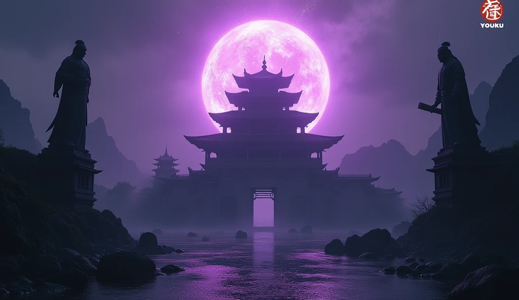 The image depicts a dark and ominous fantasy scene with an ancient, mystical setting. At the center of the image is a large, traditional Chinese-style palace or temple, surrounded by an eerie, otherworldly landscape. The architecture is detailed, with multiple roofs and intricate designs, lit by a dim, purplish glow. Flanking the temple on both sides are two colossal statues or figures that appear to be ancient deities or guardians. These towering figures are shrouded in shadow and have a ghostly, ethereal quality, giving them an intimidating presence. Their forms are partially merged with the surrounding environment, almost as if they are emerging from the dark, jagged mountains. Above the temple, dominating the sky, is a massive, glowing purple ring or portal. The portal pulses with energy, creating a surreal and foreboding atmosphere. The overall color scheme of the image is dark, with deep purples, blacks, and muted grays, which enhance the mysterious and supernatural vibe of the scene. The composition suggests a place of great power, possibly linked to ancient magic or a gateway to another world. The logo "YOUKU" in the top right corner indicates that this may be a still from a fantasy series or movie.