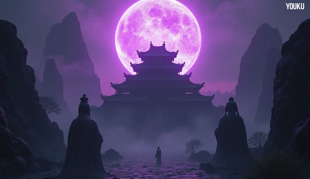 The image depicts a dark and ominous fantasy scene with an ancient, mystical setting. At the center of the image is a large, traditional Chinese-style palace or temple, surrounded by an eerie, otherworldly landscape. The architecture is detailed, with multiple roofs and intricate designs, lit by a dim, purplish glow. Flanking the temple on both sides are two colossal statues or figures that appear to be ancient deities or guardians. These towering figures are shrouded in shadow and have a ghostly, ethereal quality, giving them an intimidating presence. Their forms are partially merged with the surrounding environment, almost as if they are emerging from the dark, jagged mountains. Above the temple, dominating the sky, is a massive, glowing purple ring or portal. The portal pulses with energy, creating a surreal and foreboding atmosphere. The overall color scheme of the image is dark, with deep purples, blacks, and muted grays, which enhance the mysterious and supernatural vibe of the scene. The composition suggests a place of great power, possibly linked to ancient magic or a gateway to another world. The logo "YOUKU" in the top right corner indicates that this may be a still from a fantasy series or movie.