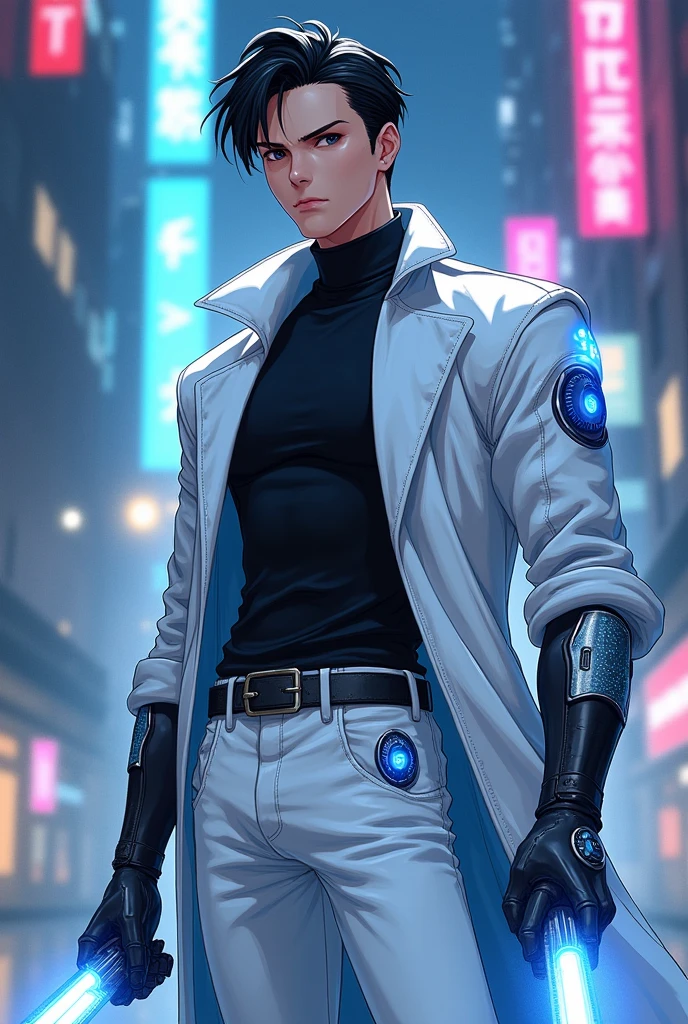 Artstyle: Anime, Futuristic

Looks: Young Man, Lean Body, Black Hair (Slicked back Hairstyle), Black Eyes

Clothes: Futuristic, Turtleneck Black T-shirt, White Longcoat (with blue accents), White leather pants (with blue accents), Cybernetic Silver Gauntlets (with blue accents), belt.

Accessories:  Two Silver Cybernetic Laser Swords (with blue accents) held in hands

Full body picture