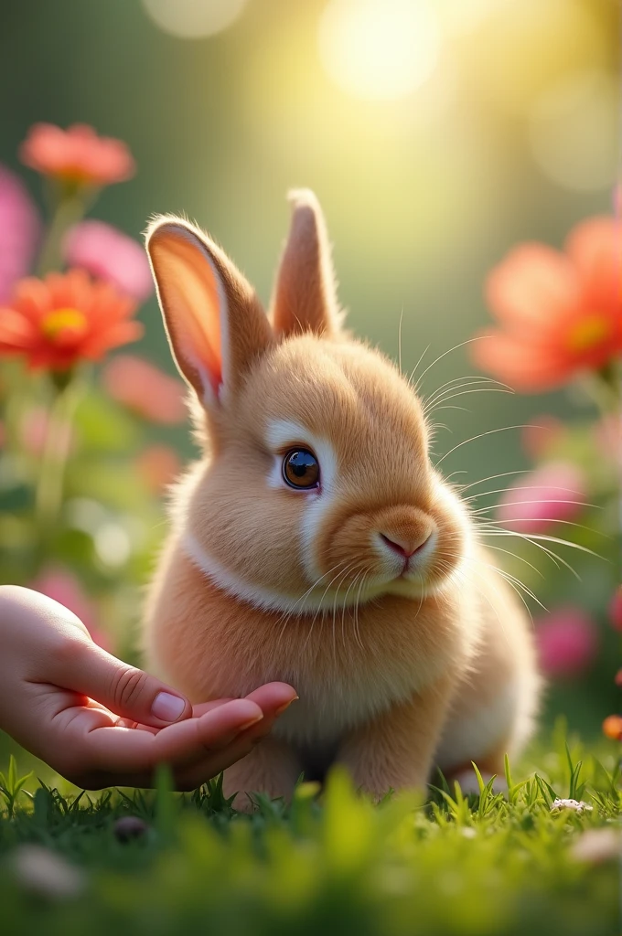 .A close-up of the rabbit's face, with big brown eyes shining, and Lily's hand gently stroking its fur.