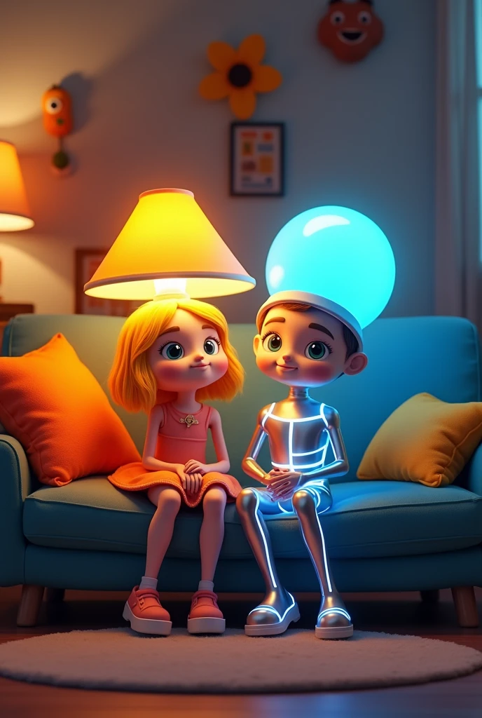 2 cartoon animated  characters  one is lamp girl and second one is light boy with body  and not look  like human normal face not smiling sitting in the couch position