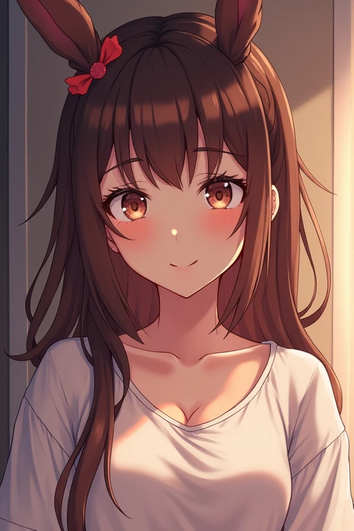 best quality, masterpiece, stoic,young woman, holding own arm, head tilt, looking to the side out window, cheek against window, one eye closed, sunrays, upper body, close up, Gray eyes, dark red hair, swept bangs, low twin tails, white ribbons, gray strapless shirt with white trim, black jeans, small breasts, toned arms, dusk, willow tree,
