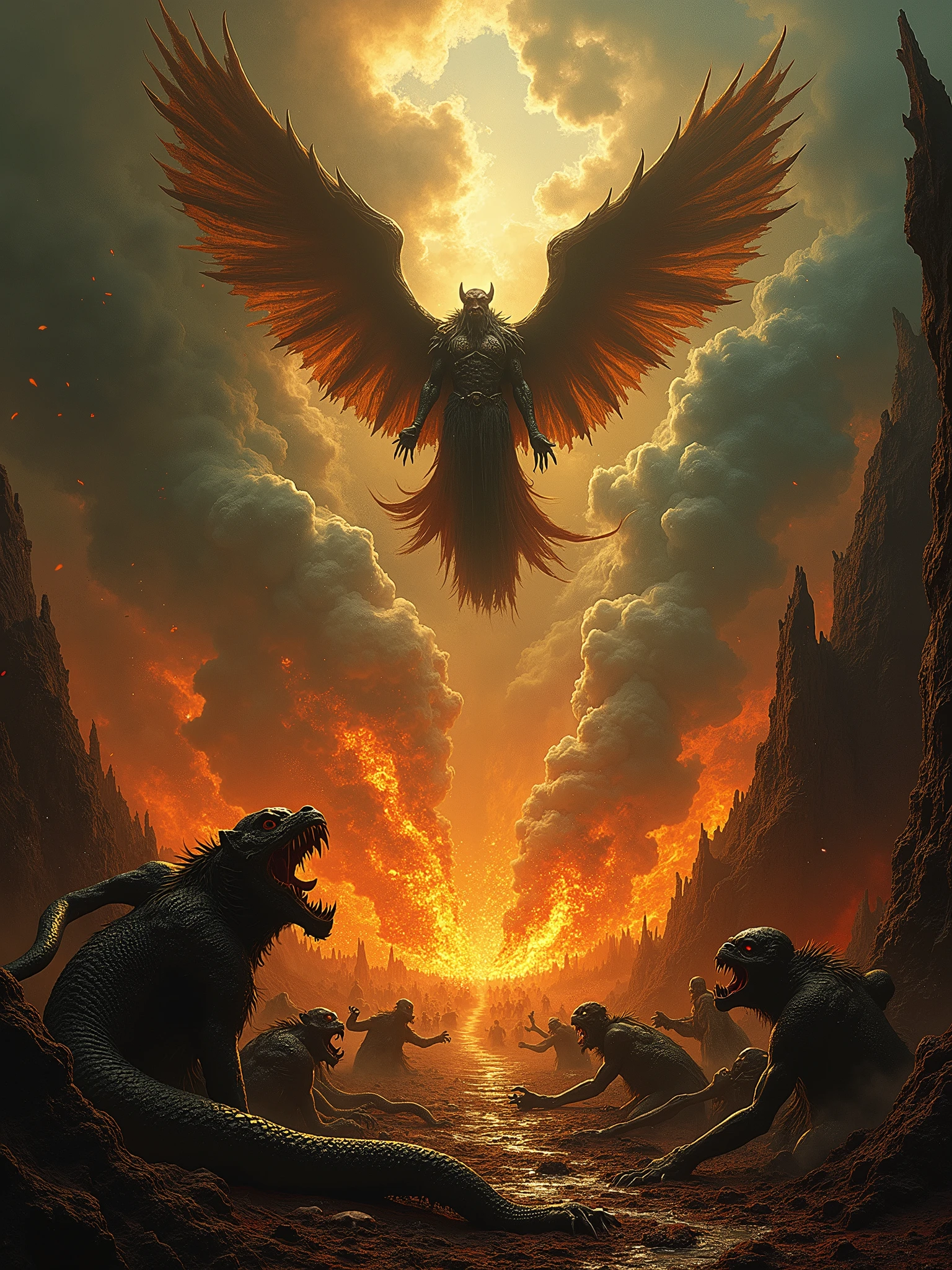 A dramatic, cinematic representation of Gustave Doré's 1866 masterpiece, "The Fall of Satan." The painting features a dark and dramatic hellscape, with Satan, a monstrous, winged figure, falling from the sky, surrounded by fire and chaos. The background reveals demons and tortured souls, while a large, menacing serpent slithers across the ground. The overall atmosphere of the scene is intense, with a mix of dark and vivid colors, creating a powerful visual impact., cinematic