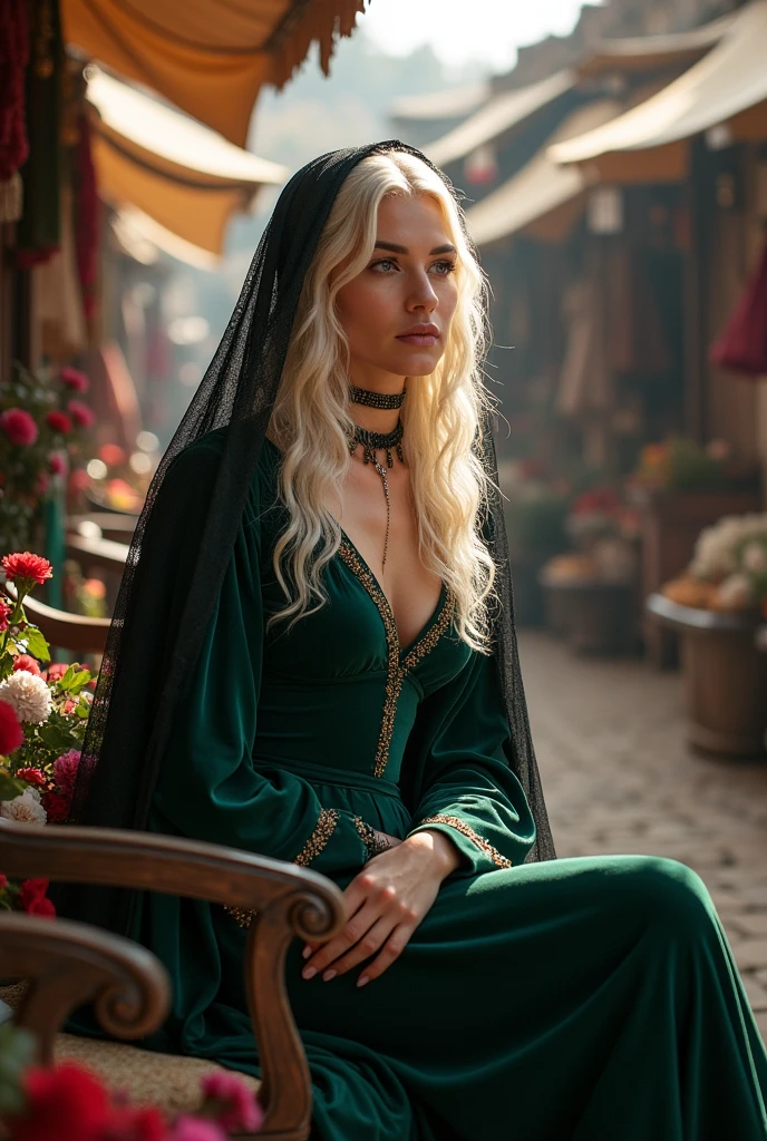 A beautiful Targaryen Women with round face and platinum blonde hair and with purple eyes, she's wearing a royal green velvet gown with a black net shawl on head that covering her face and head, She's sad and sitting on a wagon