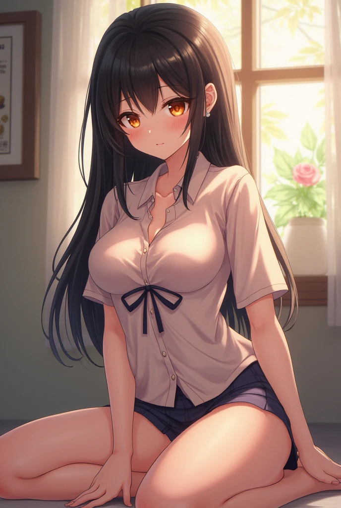 ((nsfw:1.8, masterpiece, best quality, highres, UHD, perfect pixel, depth of field, 4k, RTX, HDR)), 1girl, single, solo, beautiful anime girl, official art, beautiful artstyle, anime character, ((long hair, parted bangs, black hair)), (green eyes:1.4, rounded eyes, beautiful eyelashes, realistic eyes), (detailed face, blushing:1.2), (smooth texture:0.75, realistic texture:0.65, photorealistic:1.1, anime CG style), medium breasts, perfect body, cleavage, (white t-shirt, tshirt cloth, women t-shirt), ((skirt:1.2, maroon bra, panties, stocking)), natural light, indoor, bedroom, sitting on the bed