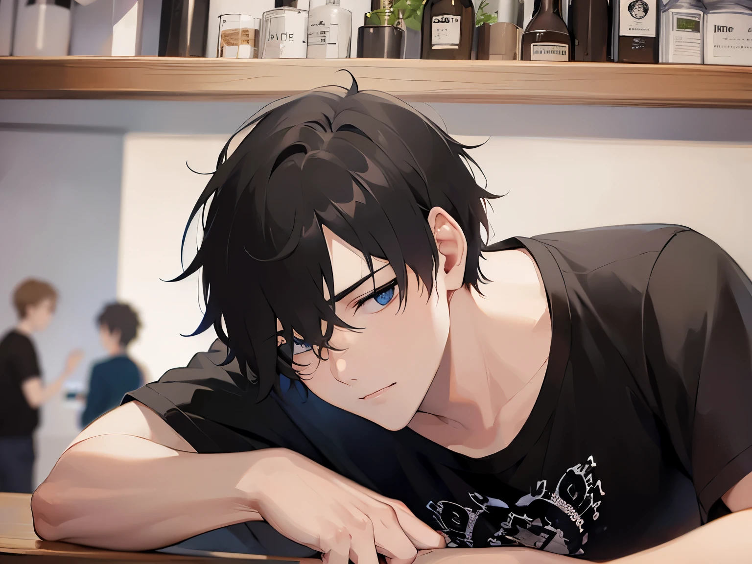 side angle,(looking away:1.5),masterpiece,Highest quality,BREAK (A 29-year-old man:1.5) and (Black short hair) and (Blue eyes) and (jitome) and (hair over one eye) BREAK,Black T-shirt,The background is inside a bar,(Depressed),Alone