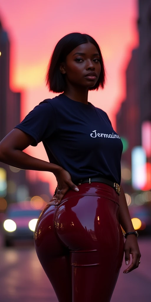 HUGE ASS, MASSIVE BUTTOCKS, burgundy plastic leggings, UHD, She's a dark skin melanin Queen with tiny paper-thin waist, red city scape, side, navy blouse says "Jermaine", best quality, short hair, focus, no nudity