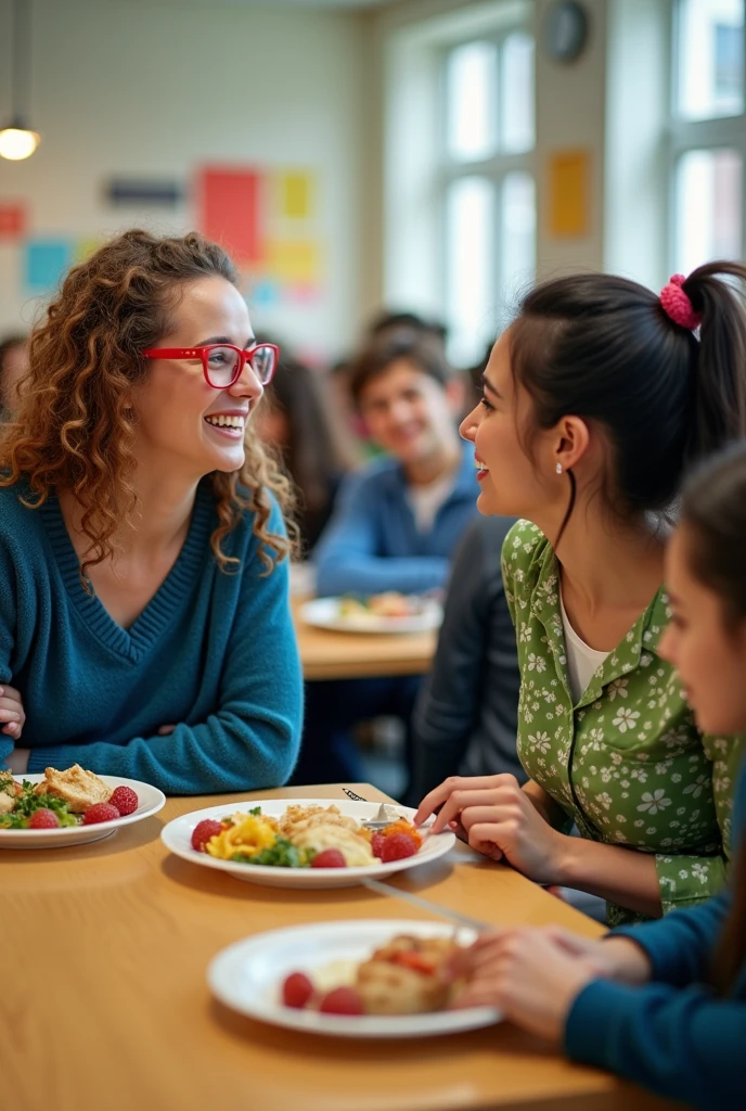 Two women sitting together in the school cafeteria

