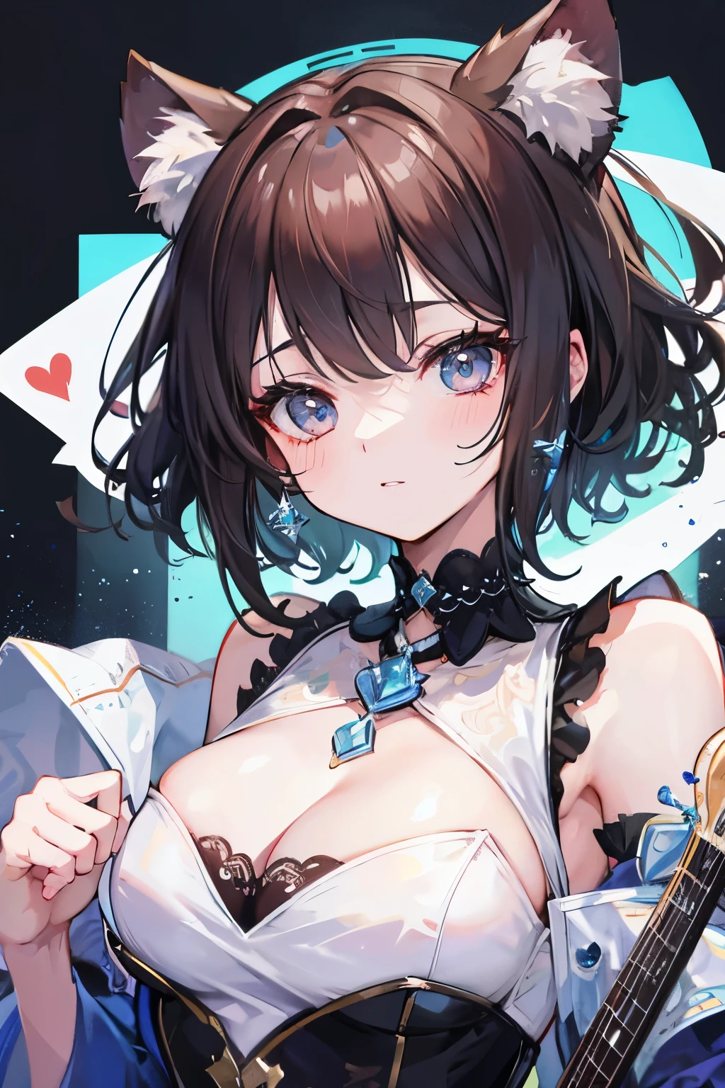Top quality, highly detailed, UHD, idol,party dress cute and beautiful anthropomorphic koala girl with brown curly bob hair wearing a heart shaped choker on outdoor stage