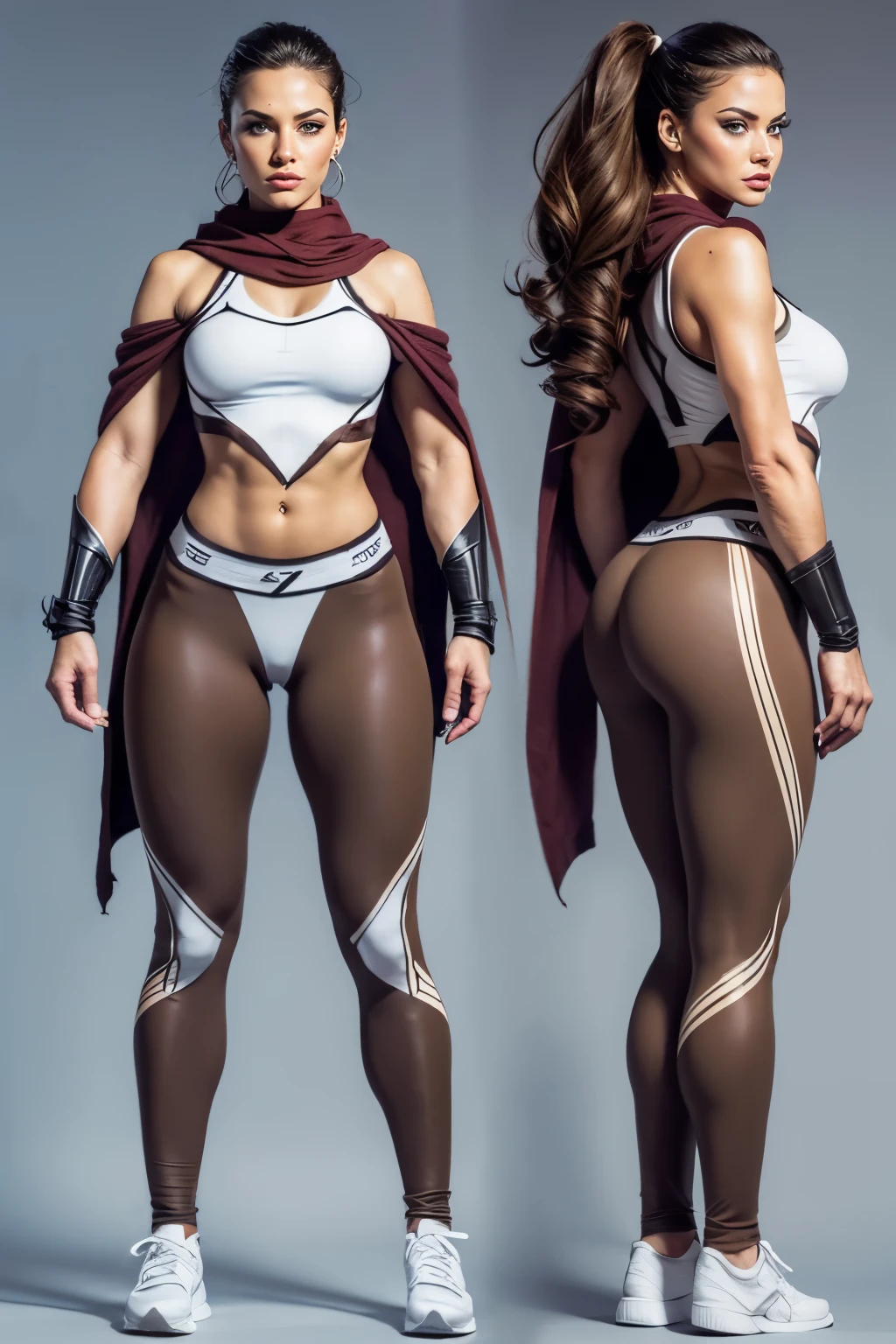 Detailed character sheet, Front view, Side view, Oblique view, with a white returnground, show women, 35 years old, with short dark brown hair combed return, 1 female warrior, Wavy Cape, long flowing hair, (Earth-toned long leggings), Slim figure, Toned thighs, Round ass, From below, The seat includes different angles, Front desk etc.., return, and Side views, Model and Reference Sheets, Full body painting. The ratio is based on 7.5 Head Scale.
