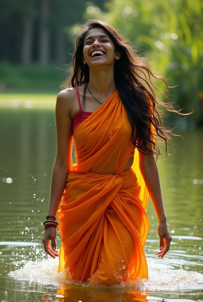 25 year old Tamil girl, fallen in pond, soaked, drenched, wet clothes, saree, blouse, long skirt, cute, soaked, laughing, wet skin, wet hair, dripping wet, 1girl, solo, in water up to her waist, submerged, bright sunny day, summer heat, humid, HDR, hyper realistic, intricate detailing of face, yotta-pixel image, yocto-pixel detailing, SFW