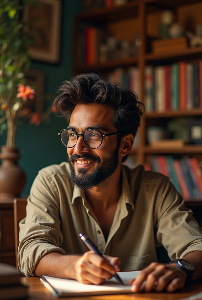 A 36 years Indian man is looking towards his pen and smiling by remembering his flashback.
He has glasses, style hairstyle, beard, moustache.