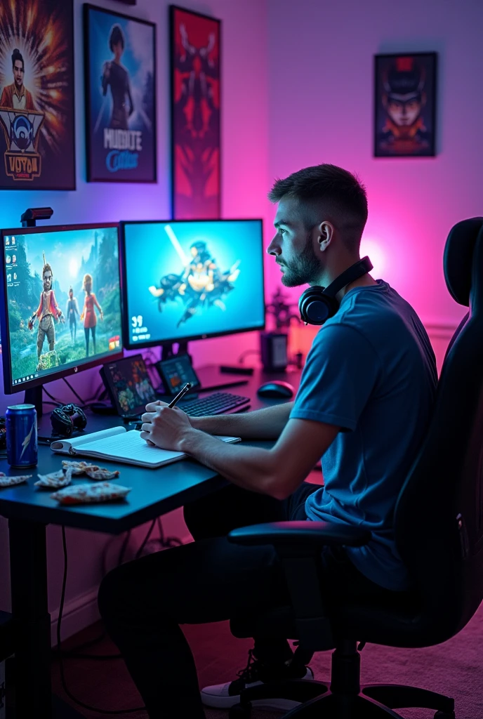 create a grown man sitting studying in a gamer room