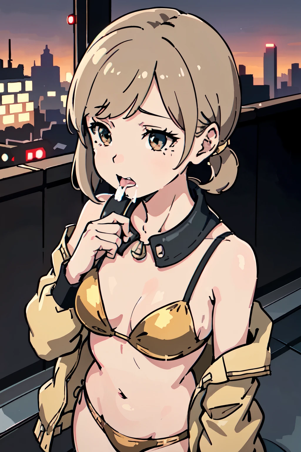 best quality, masterpiece, 1 girl, (silhouette lighting;1.4), from above, sobbing, (licking, drooling:1.3), (short low twintails hair with bangs:1.3), gray and gold colored bikini with jacket, (small breast:1.1), (retrofuturistic city, residential area:1.2), twilinght, dusk, clouds