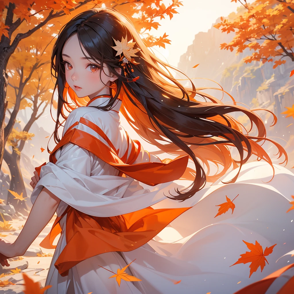 A beautiful girl with long hair, wear white ancient chinese clothes, Walking in a mountain that turns orange-red in spring, with the sun shining on her face, close up.
The backdrop is a mountain that turns orange-red in spring, and maple leaves fall from the trees.