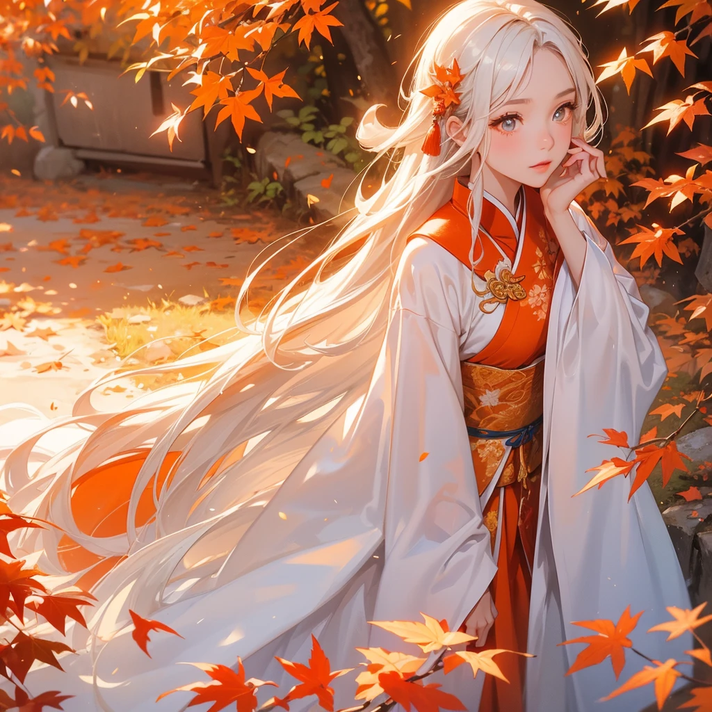 A beautiful girl with long hair, wear white ancient chinese clothes, Walking in a mountain that turns orange-red in spring, with the sun shining on her face, close up.

The backdrop is a mountain that turns orange-red in spring, and maple leaves fall from the trees. 