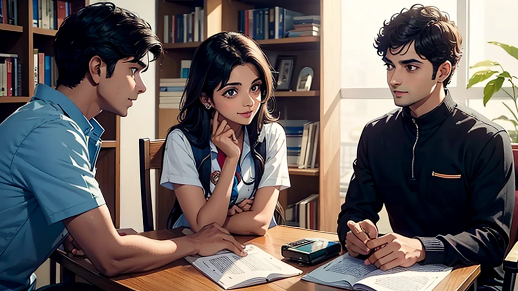 Labonya is encouraging Rahul to pursue his studies. She is speaking with a warm smile, and Rahul is listening attentively, with hope in his eyes.