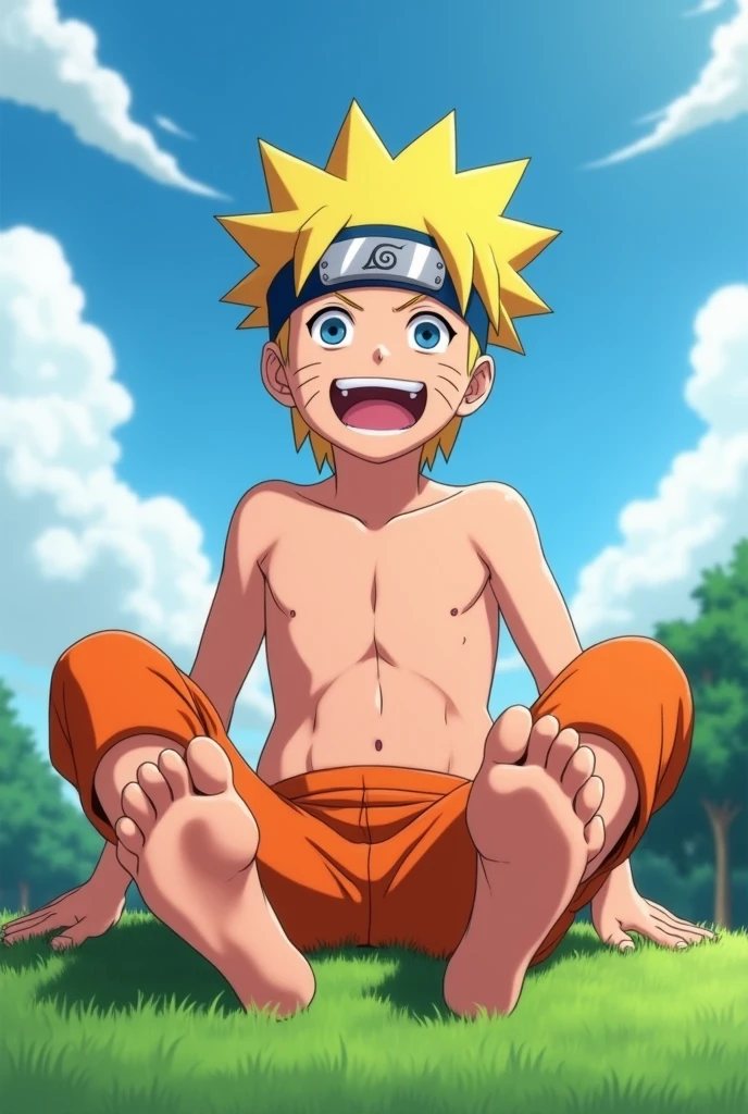 Realistic style animated image in HD of anime boy Naruto Uzumaki barefoot showing the soles of his feet from below close to the camera Sitting on the grass smiling with his shirt off Realistic details of the soles of his feet 2 feet with all lines visible 5 toes on each foot Showing off six pack Showing off the sole of his foot Showing off perfect feet