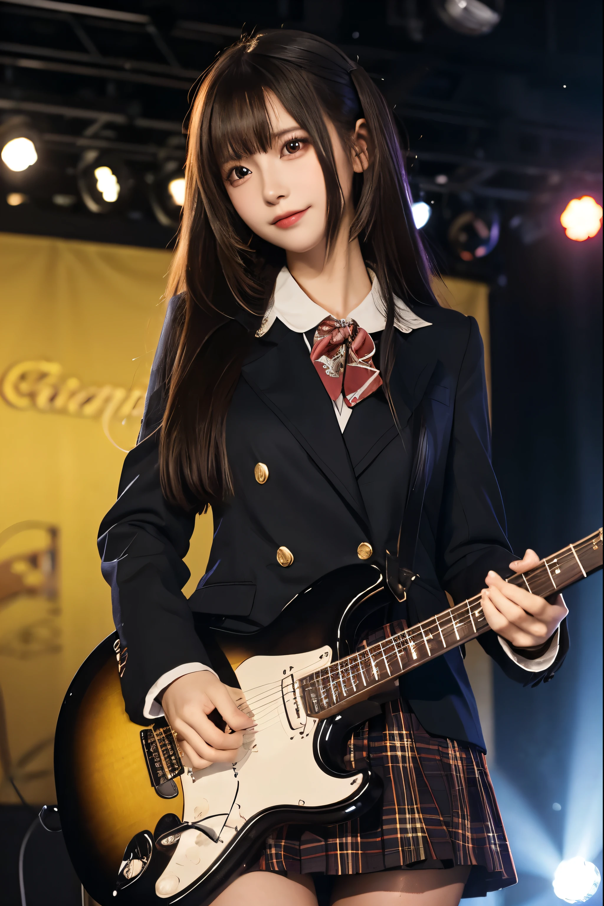 High school girl blazer、uniform、Red checked knee-length skirt、Long skirt、JK Style、Jacket、smile、Knee-high socks、Thigh-high socks、pantyhose、Extremely beautiful、Super cute、ennui、Rare Beauty、Dark black eyeshadow、sad、Skin radiance、Long Hair Straight Hair、Dark Gothic Makeup、Dark Smile、Fragrant beauty、Stained glass background、masterpiece、Highest quality、See 5 books、Sweat glistening on my chest、Sweat glistening on the face、Small breasts、22 years old、Slightly slim、Mysterious look、Sad look、Mysterious Gothic Church、enchanting castle、Excessive sweating all over the body、Sweat dripping down thighs, shining in the light、Shiny thighs、Thighs、Sweat on thighs, shining brightly、sweat profusely、gal、Small breasts、Japanese face、Captivating look、Thin Thighs、play the guitar、I have a guitar、Enthusiastic singing、play the guitar in a band、Playing guitar chords、Background of the live music venue、Sing a song、Open your mouth、Scenery of a live music venue、Mike stand、Glamorous live stage、Dynamic Angles、Vivid straight long hair、delicate straight hair、