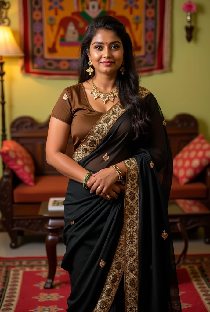 A indian bhabhi with big boobs size 42 wearing brown blouse and black saree