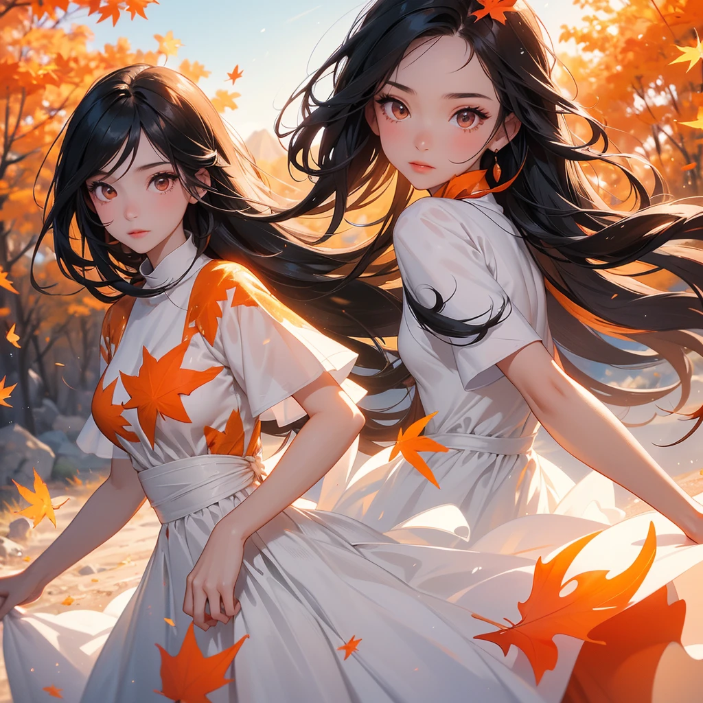 A beautiful girl with long black hair, wear white dress, Walking in a mountain that turns orange-red in spring, with the sun shining on her face, close up.

The backdrop is a mountain that turns orange-red in spring, and maple leaves fall from the trees.