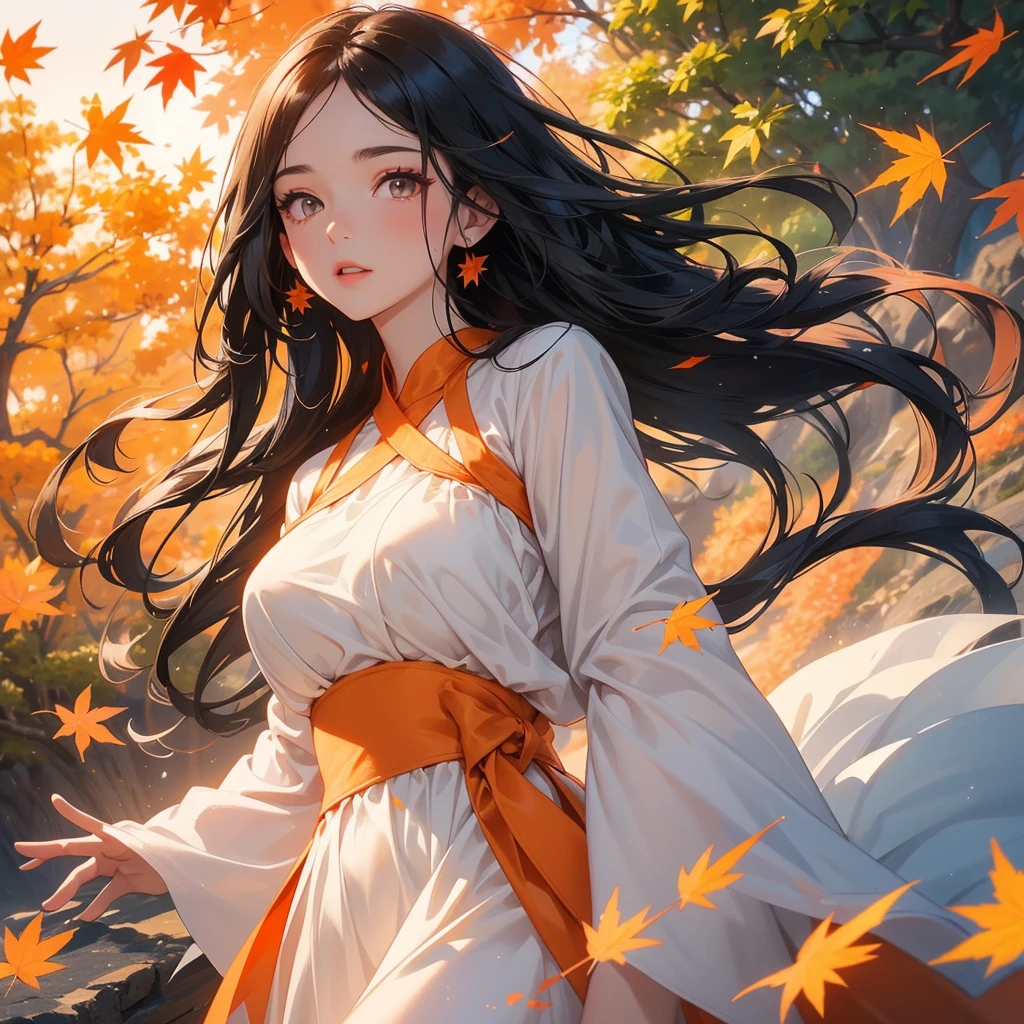 A beautiful girl with long black hair, wear white dress, Walking in a mountain that turns orange-red in spring, with the sun shining on her face, close up.

The backdrop is a mountain that turns orange-red in spring, and maple leaves fall from the trees.