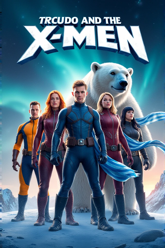 Make a movie poster with the X-Men and a polar bear with a blue striped scarf and that says Tripoldo and the X-Men