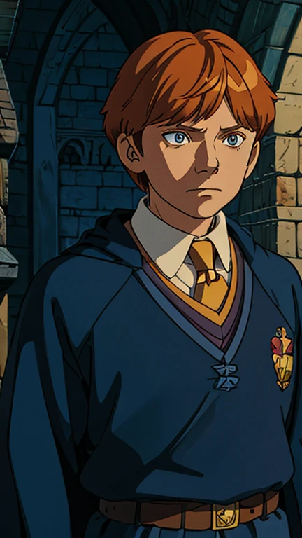 (1man, ron weasley), (extremely detailed CG unit 8k wallpaper),(master part), (best quality), (ultra detail), (best illustration),(ghibli style), cowboy shot, (Sharp eyeliner, ombre, detail eyes:1), Hogwarts, outdoors background, ,break , (GHIBLI_Background), upper body, 