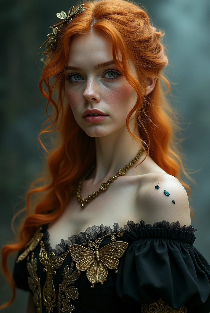 (solo, full body photo:1.3), (action packed:1.3), (haze, fog, mist:1.3), chiaroscuro, best quality, photorealistic, 1woman, (cute), (24yo:1.2), redhead, long ginger hair highly detailed, 1700'S, digital photography, art by artgerm and ruan jia and greg rutkowski surreal painting gold butterfly filigree, broken glass, (masterpiece, sidelighting, finely detailed Fashionable eyes: 1.2) (perfect oval large eyes that gazes at the viewer), beautiful detailed face, blue gorgeous perfect eyes, (blonde hair ponytail), (attractive young woman:1.3), (thick amazing hair), (seductive:1.1), (blushing:1.1)