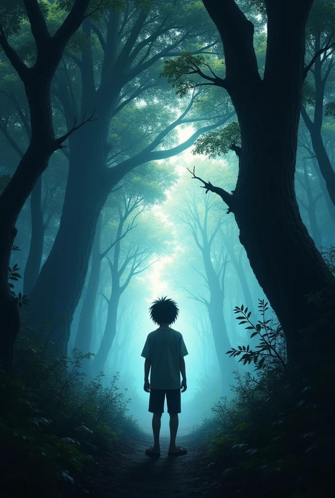 The modern Japanese boy, now stepping towards the glowing light in the dark forest. His expression is distant, as if he's being drawn into the light against his will. The light engulfs him as he fades into the shadows