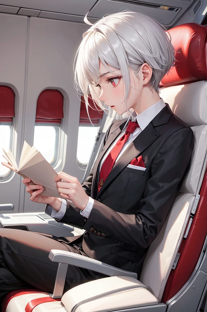 (profile, Reading a letter style), (hand holding a latter), (solo:2,  yo) (beautiful detailed crew cut silver hair very short hair) (best cool divine boy) (cool beautiful red eyes) (Surprised face, Complaints mouth), in a butler suit, break, in the Airplane business class seats, sit down on seats, BREAK, perfect anatomy, masterpiece, best quality, 16k, beautiful detailed grow, daydreaming expression.