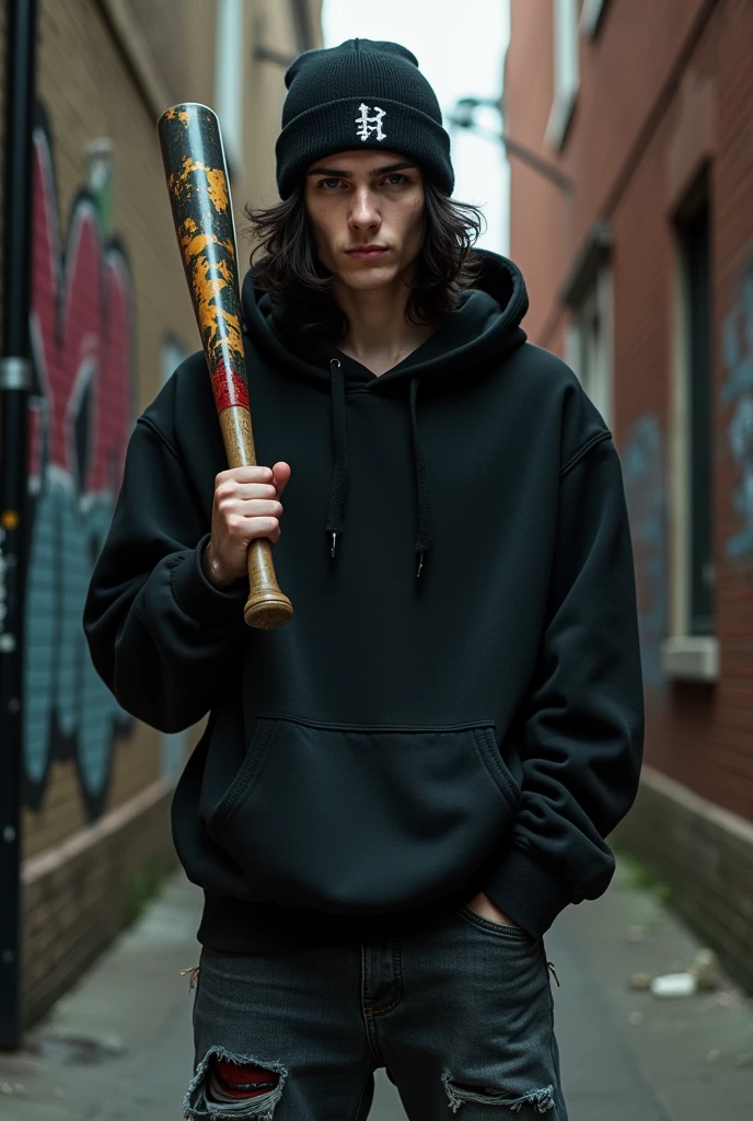 r Tom with dark hair, skater gangstar outfit, evil smile holding a bloody baseball bat on his shoulder