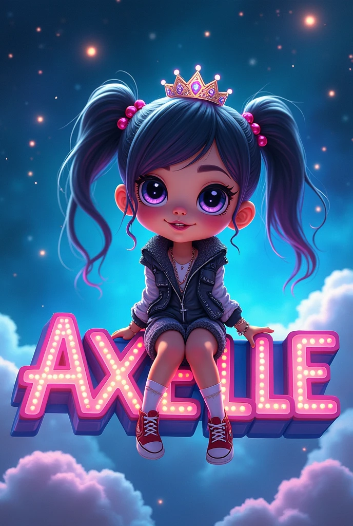 "Create a 3D illustration of an animated cute girl sitting casually on top of the Text "AXELLE" with crown. The character must wear a black and white Jacket. The background of the character is blue Galaxy