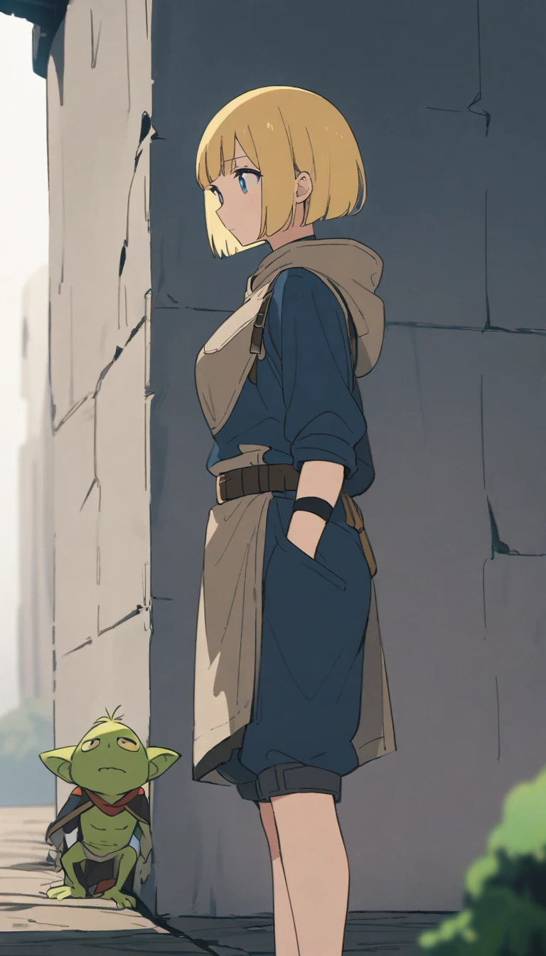 A female adventurer leaning against a wall、Bobcut、Blonde、Blue Eyes、Inside the dungeon、A goblin peers over the edge.、anime、Masterpiece、16K、