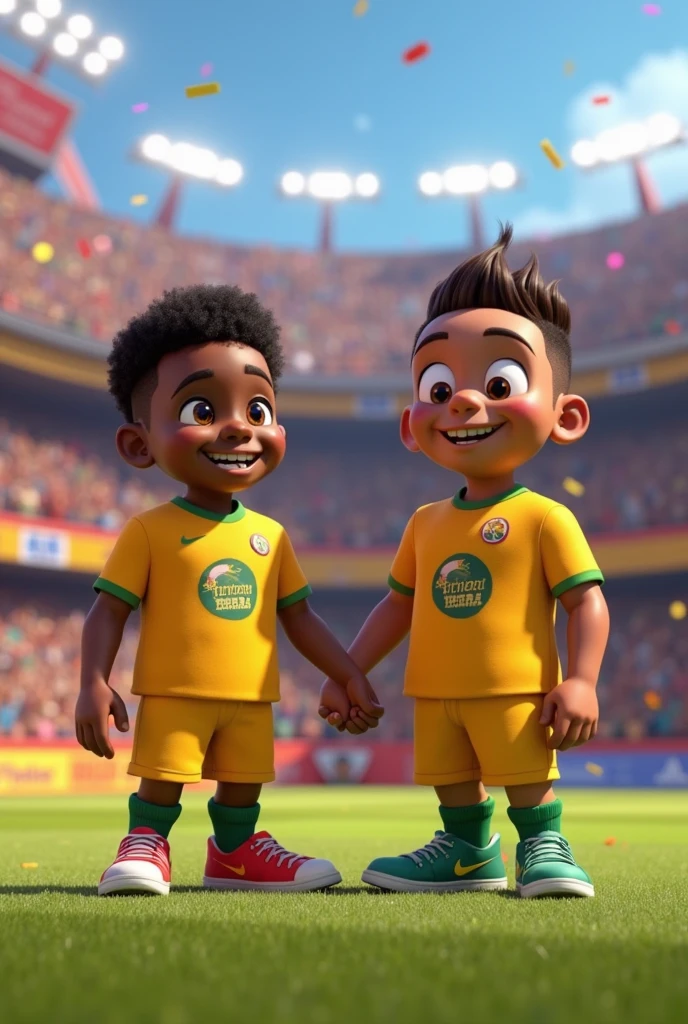 Halaand and Belingham shaking hands with each other in yellow shirts Disney pixar 3D 4K 