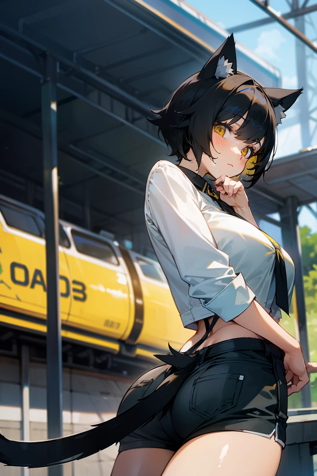 Cute girl, short black hair, yellow eyes, cat ears, black cat tail, big tits, shorts, train station in background