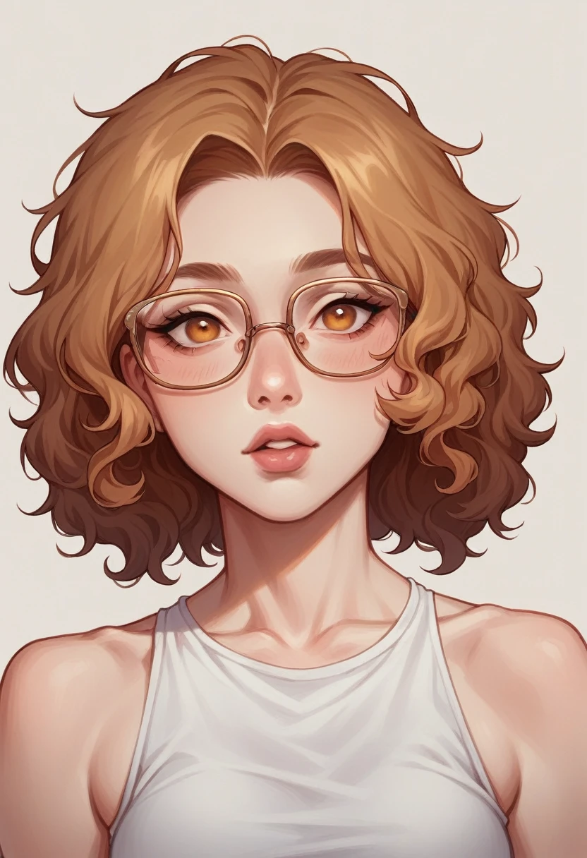A breathtaking and vibrant painting of a 3D cartoon character depicting a young woman with large expressive eyes and exaggerated facial features. Erotic looks over his glasses. Her wavy amber hair is styled in two tousled buns, with a few loose strands framing her face. The glasses she holds in her hand frame her eyes, and her full lips express shock. The subject stares intently at the viewer, wearing a simple white sleeveless top and exuding effortless elegance. The background is softly lit and deliberately blurred.