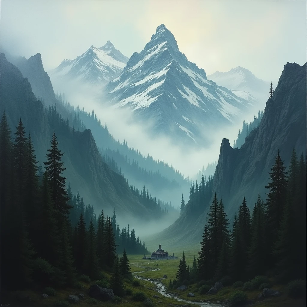 A hidden rebel base nestled within a remote mountain range, surrounded by dense forests and mist-covered peaks. The base is partially camouflaged, with only the faintest outlines of structures visible through the trees. (The oil painting captures:1.7) the mysterious and secretive nature of the base, with muted colors and soft, atmospheric lighting. 4K, masterpiece, ultra detailed.