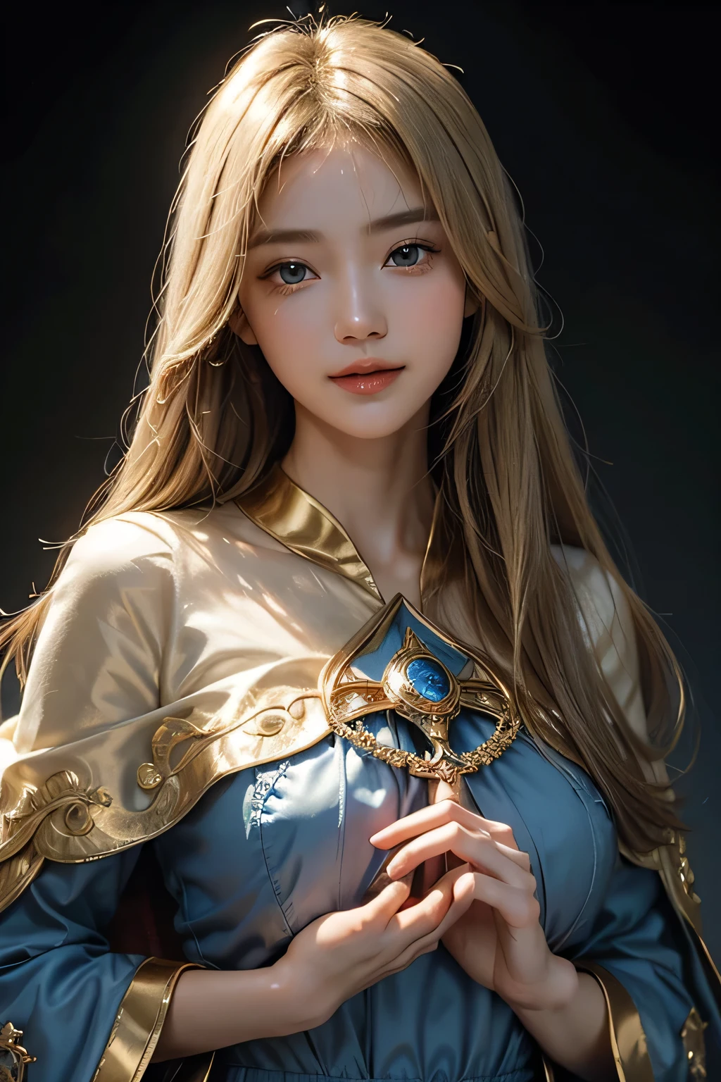 (Beautiful Woman Photo) (Masterpiece:1.3)Beautiful Japanese girl,((Smile)),Beautiful face,(Lifelike face),Beautiful delicate eyes,((intricate sorceress blue dress with golden blowing cape)),Realistic eyes,medium bust,Beautiful skin,Realistic skin texture(Real Skin)Radiant Skin,Professional Lighting,((light blond hair, glossy, straight)),((Short bangs, long straight hair, long light-blond hair)),Blue dress and blowing cape,Mid-chest,High resolution,Sharp Focus,Ultra high definition eyes, eyes focusing on camera