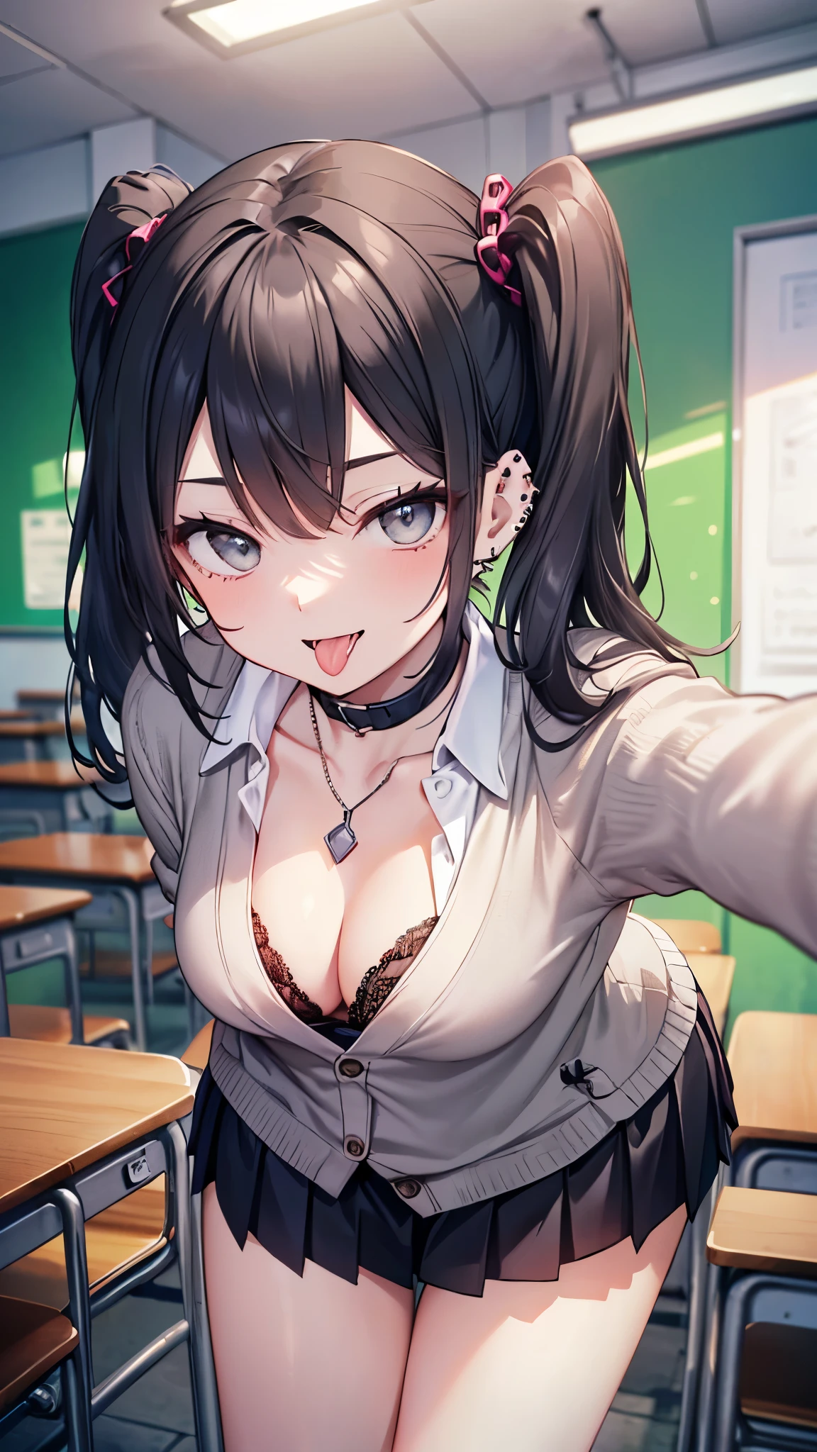 ((masterpiece、Highest quality、Very detailed))、One person、gyaru、Black Hair、Long Hair、twintails、Grey Eyes、evil smile、((open mouth))、((tongue out))、((lots of piercing))、Small breasts、((White collared shirt))、((clavicle))、cleavage、((gray cardigan))、((Black pleated skirt))、((micro miniskirt))、((bent over))、Cowboy Shot、Classroom Background