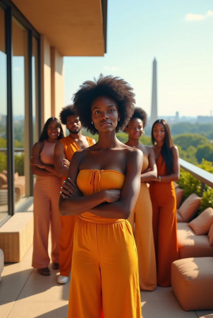 black girl and her white best friends, arms crossed, she is the leader, setting is a large luxury patio, tan furniture, natural lighting, view of Washington DC, futuristic, detailed, hd, wearing Stella mccartney