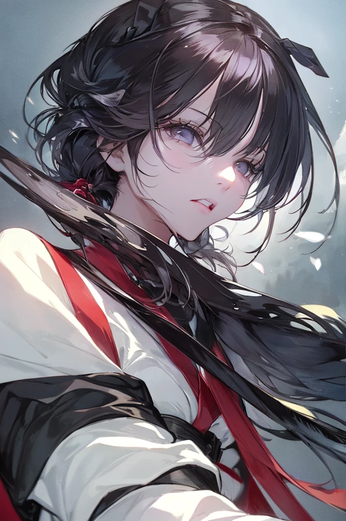 （Highest quality、High resolution、8k、mysterious、masterpiece：1.2）。Yoshitaka Amano-style depiction。The cruel and inhuman Yamada Asaemon。she、The role of testing swords in the Edo period。Dark circles under the eyes。A crisscross pattern on the back to roll up the sleeves。First to behead、assassination、Executioner。A long Japanese sword on his waist。Black belt all over the body。The gleam in his eyes is gone、Hollow。Eye patch。ただし誰が見てもshe剣の達人で、There is a sense of determination that leaves no room for doubt。With gray hair、Unkempt hair and quite large。She is certainly attractive as a woman。Blood splatter。Overwhelming strength and charm。Bloody bandages on his wrists and ankles、Samurai clothing。Samurai。With a cold-hearted look that looks down on people、A crowd of commoners々And pass by。Bold Pose、Upward glance、drooping bangs、Shooting from below、Angle seen from the foot,(((Shooting from various angles))