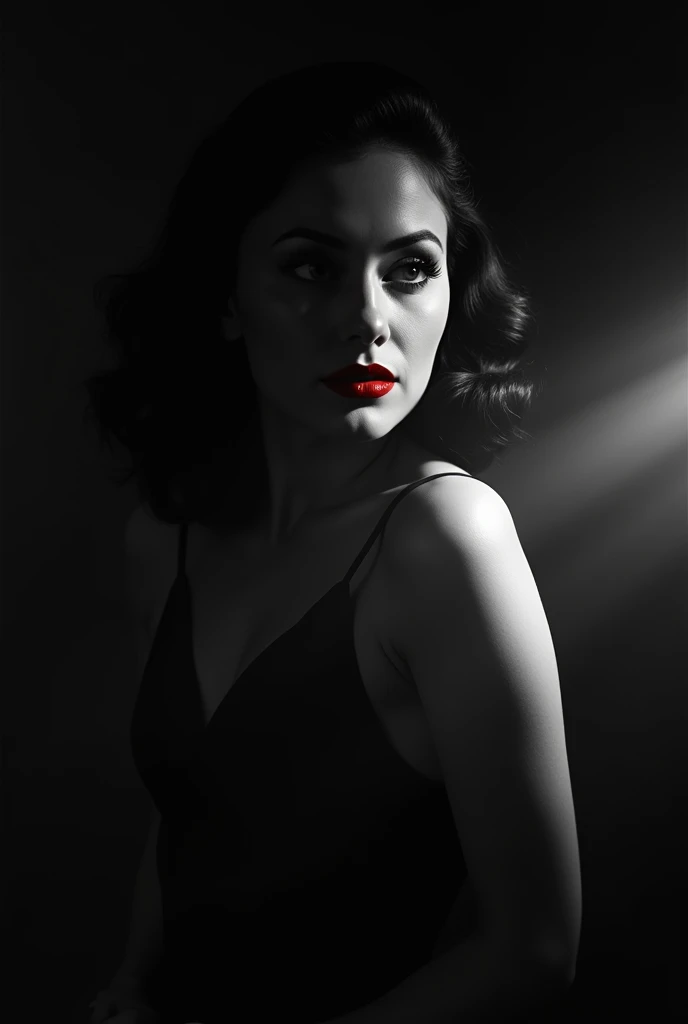 Photo noire et blanc, film noir style, Maginifique, 1fille, Seulement, demi-corps, Dramatic lighting, monochrome, high contrast, ombres dramatiques, 40s style, Mysterious, cinematic, Bright red lips (((Only lips red)))Here is the generated prompt: A close-up shot of the woman in a soft-contrast dreamy scene, enveloped in a delicate pink fabric wrap with gentle folds and subtle glow, her fair skin and curly brown hair (with bangs) illuminated by this ethereal enshroudment as she slumbers amidst plush hydrangea petals. Brushstrokes whisper pinks, whites, and lilacs, weaving a tapestry of serenity and tranquility. The subject's soft features, adorned with curls and subtle pink hue, are set against a lush verdant background, evoking peaceful reverie.